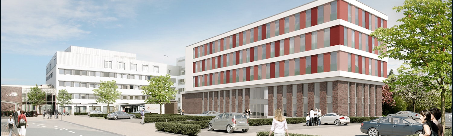 Ein moderner Bürokomplex mit einem rot-weißen mehrstöckigen Gebäude in der Mitte, umgeben von parkenden Autos, Fußgängern, Bäumen und einem weiteren weißen Gebäude im Hintergrund unter einem blauen Himmel mit Wolken.
