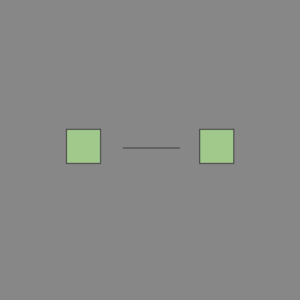 Zwei hellgrüne Quadrate sind durch eine kurze horizontale schwarze Linie auf grauem Hintergrund getrennt, wobei sich ein Quadrat links und das andere rechts befindet.