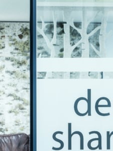 Teilansicht einer Milchglaswand mit abstrakten Astmustern und teilweisem Text mit der Aufschrift „De Sha“. Im Hintergrund sind eine Armlehne aus braunem Leder und eine Steinmauer zu sehen.