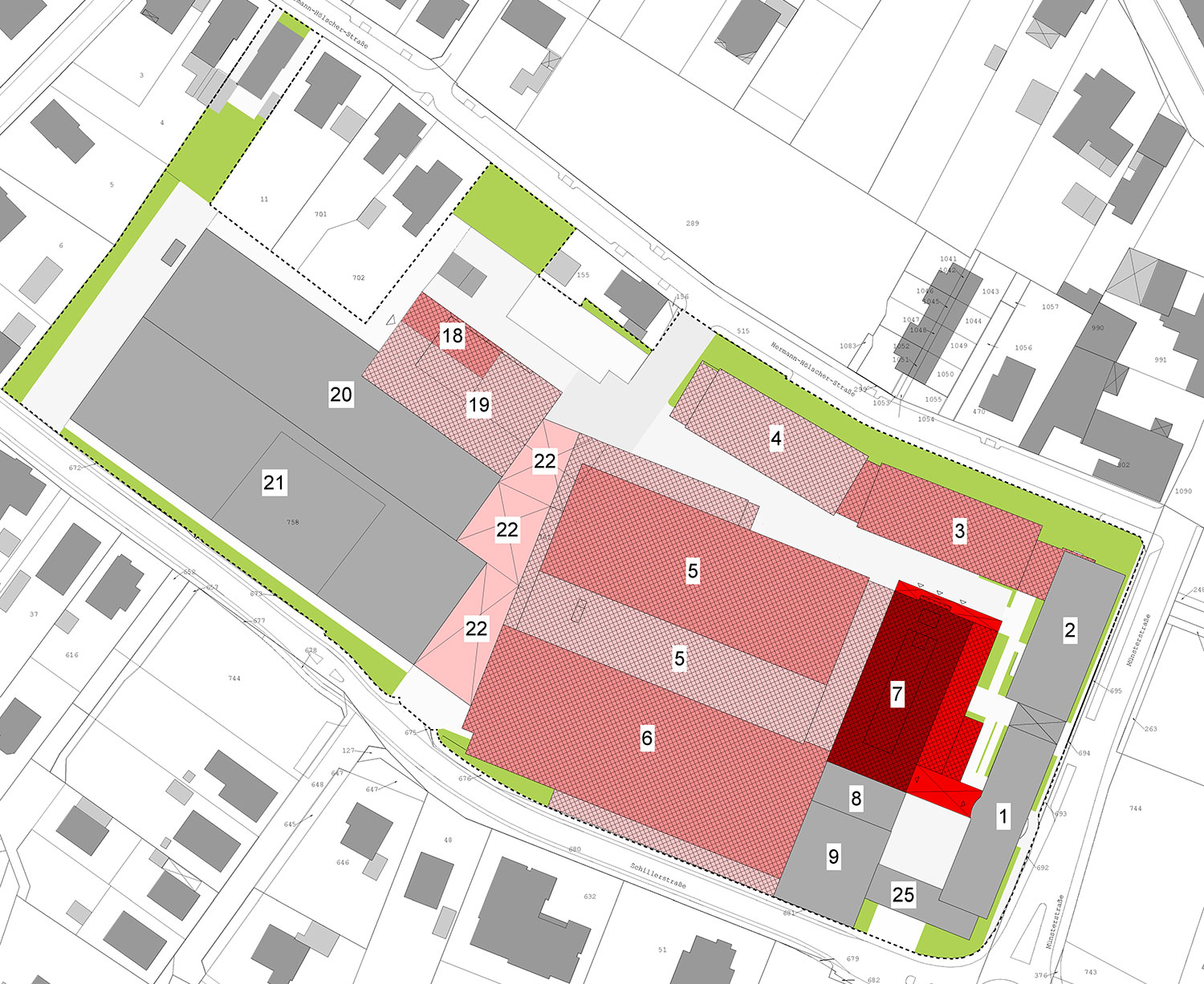 Ein Lageplan mit nummerierten und farbigen Zonen, darunter rote, rosa, graue und grüne Bereiche, die von Straßen begrenzt und von Gebäuden umgeben sind. Die Zonen sind mit Zahlen wie 1, 5, 7, 9, 18, 19, 20, 21, 22 und 25 beschriftet.