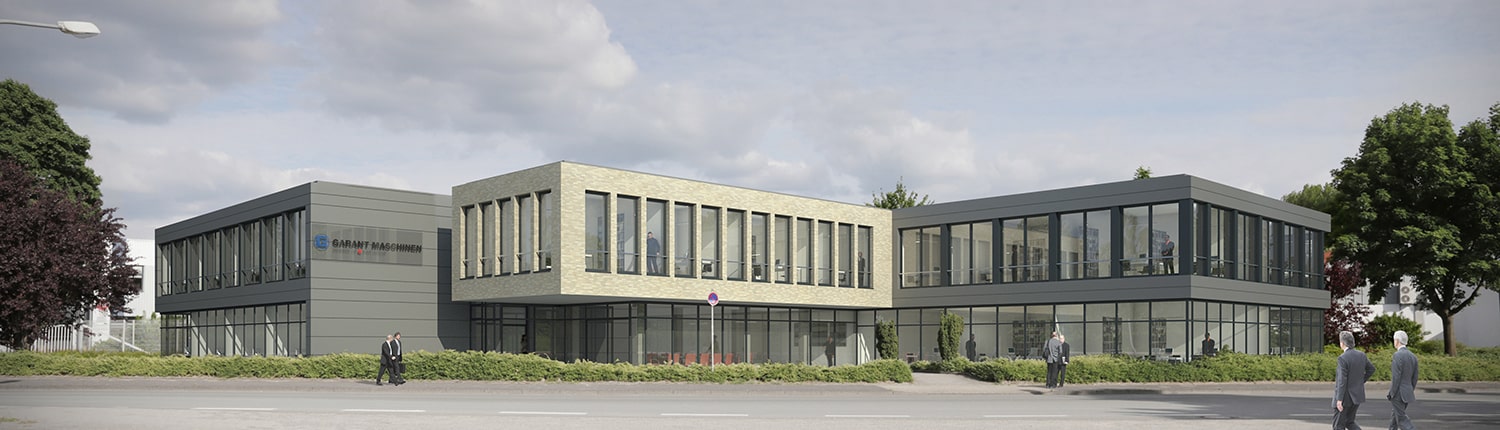 Ein modernes zweistöckiges Bürogebäude mit großen Glasfenstern, umgeben von Bäumen und Grün. Mehrere Menschen gehen in der Nähe des Eingangs spazieren, und der Himmel ist teilweise bewölkt.