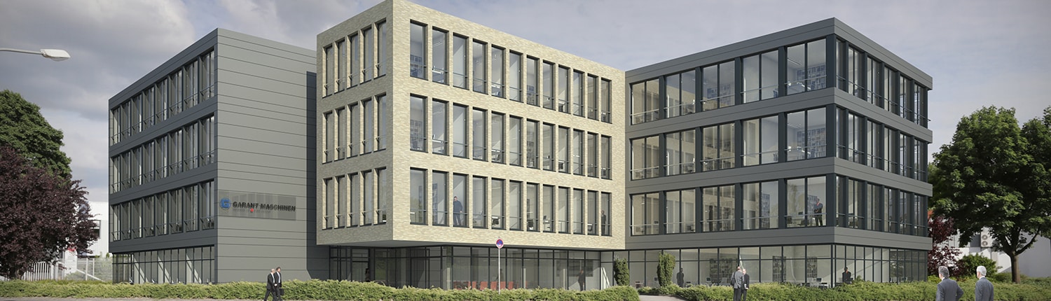 Modernes Bürogebäude mit großen Glasfenstern und einer Kombination aus beigem Ziegelstein und grauen Paneelen. Mehrere Personen gehen oder stehen draußen, mit Bäumen und einem bewölkten Himmel im Hintergrund.
