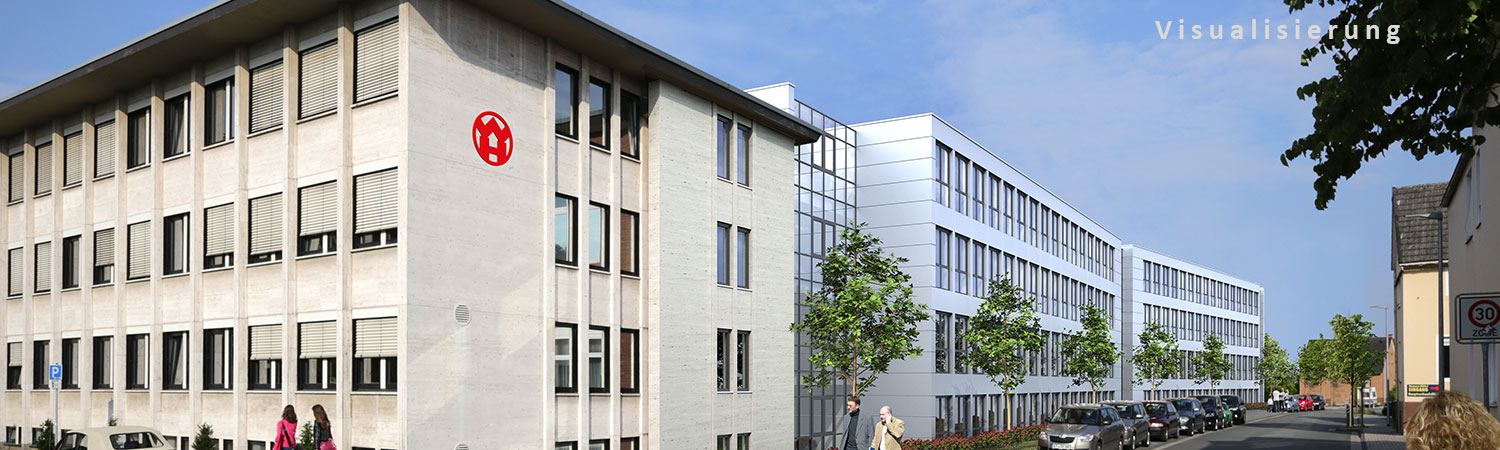 Ein modernes Bürogebäude mit einem roten Logo an der Fassade steht neben einer Straße, die von parkenden Autos und Bäumen unter blauem Himmel gesäumt ist. In der oberen rechten Ecke erscheint das Wort Visualisierung.