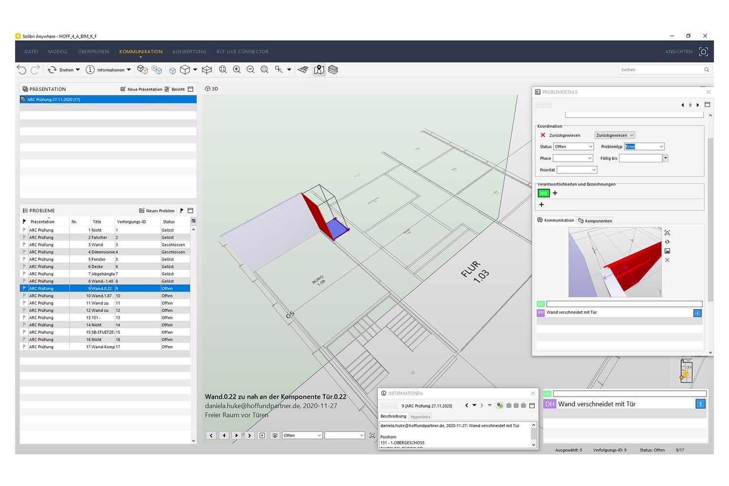 Auf einem Computerbildschirm wird eine Architekturmodellierungssoftware mit einem 3D-Grundriss, Symbolleisten, Eigenschaftsoptionen, Komponentenlisten und Details zu einem ausgewählten, rot und blau hervorgehobenen Wandsegment angezeigt.