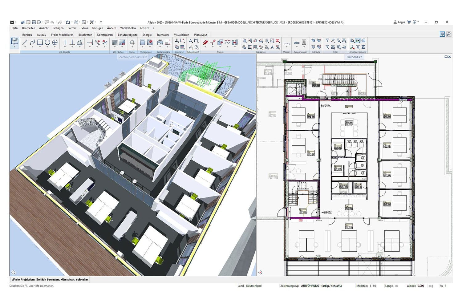 Eine Softwareschnittstelle für Architekturdesign mit geteiltem Bildschirm zeigt links ein 3D-Modell eines modernen Bürolayouts und rechts einen detaillierten 2D-Grundriss mit beschrifteten Räumen und Möbeln.