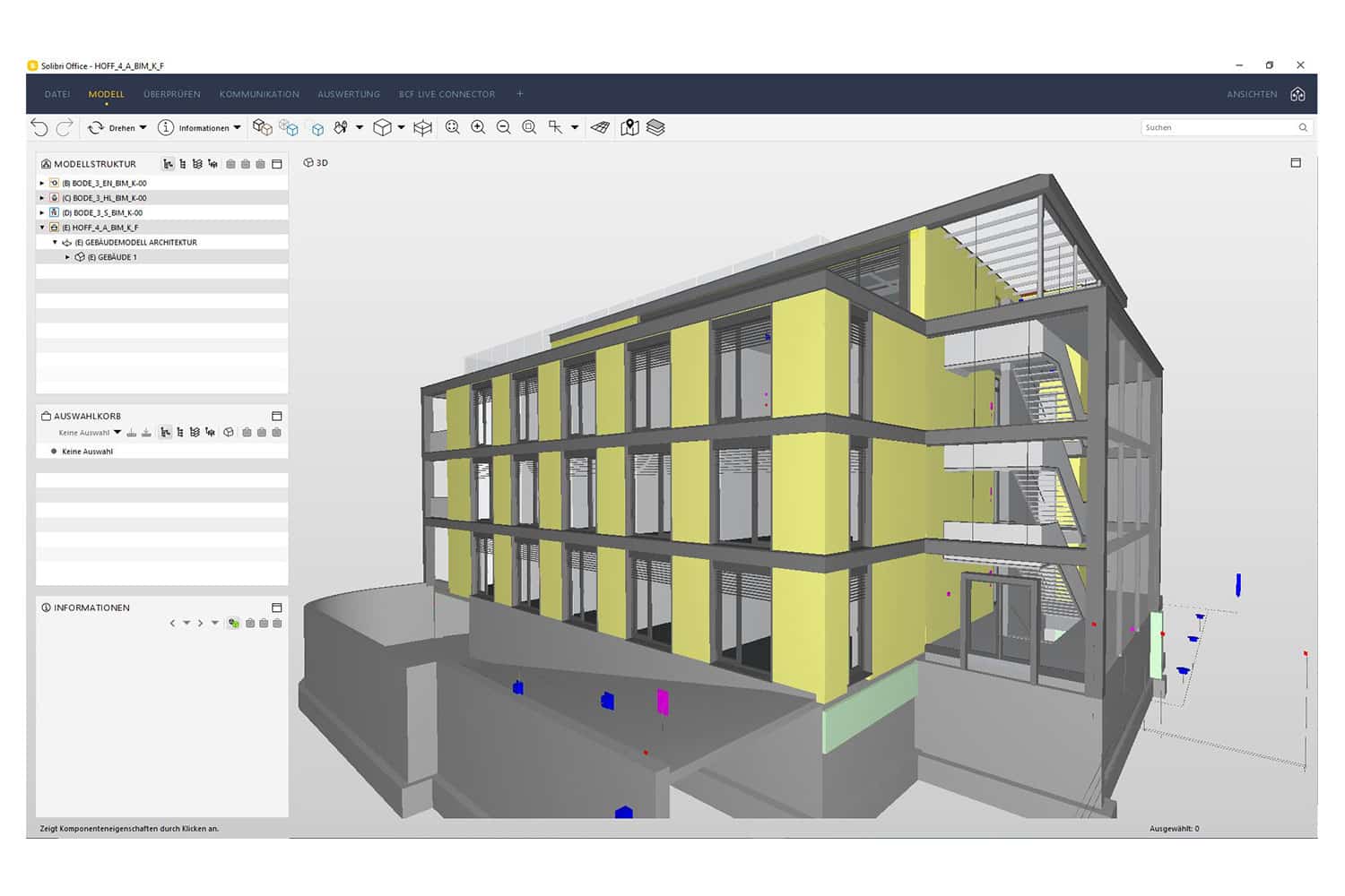 In einer Designsoftware wird ein 3D-Architekturmodell eines mehrstöckigen Gebäudes angezeigt. Es zeigt gelbe Innenwände, Treppen und Strukturelemente sowie verschiedene Werkzeuge und Menüs, die rund um das Modell sichtbar sind.