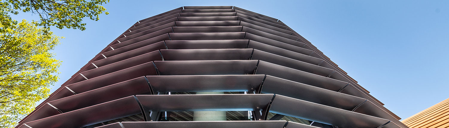 Nahaufnahme, Untersicht eines modernen Lebensmittelmarkt-Gebäudes mit horizontalen Metalllamellen, die eine markante geometrische Fassade bilden, vor einem klaren blauen Himmel und grünen Ästen auf der linken Seite.