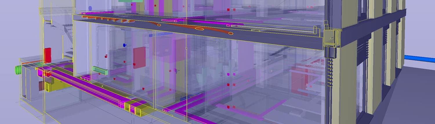 Ein digitales 3D-Modell eines Gebäudes verwendet BIM (Building Information Modeling), um transparente Wände und Böden anzuzeigen und farbige interne Strukturelemente, Leitungen und Versorgungsleitungen für die architektonische oder technische Visualisierung hervorzuheben.