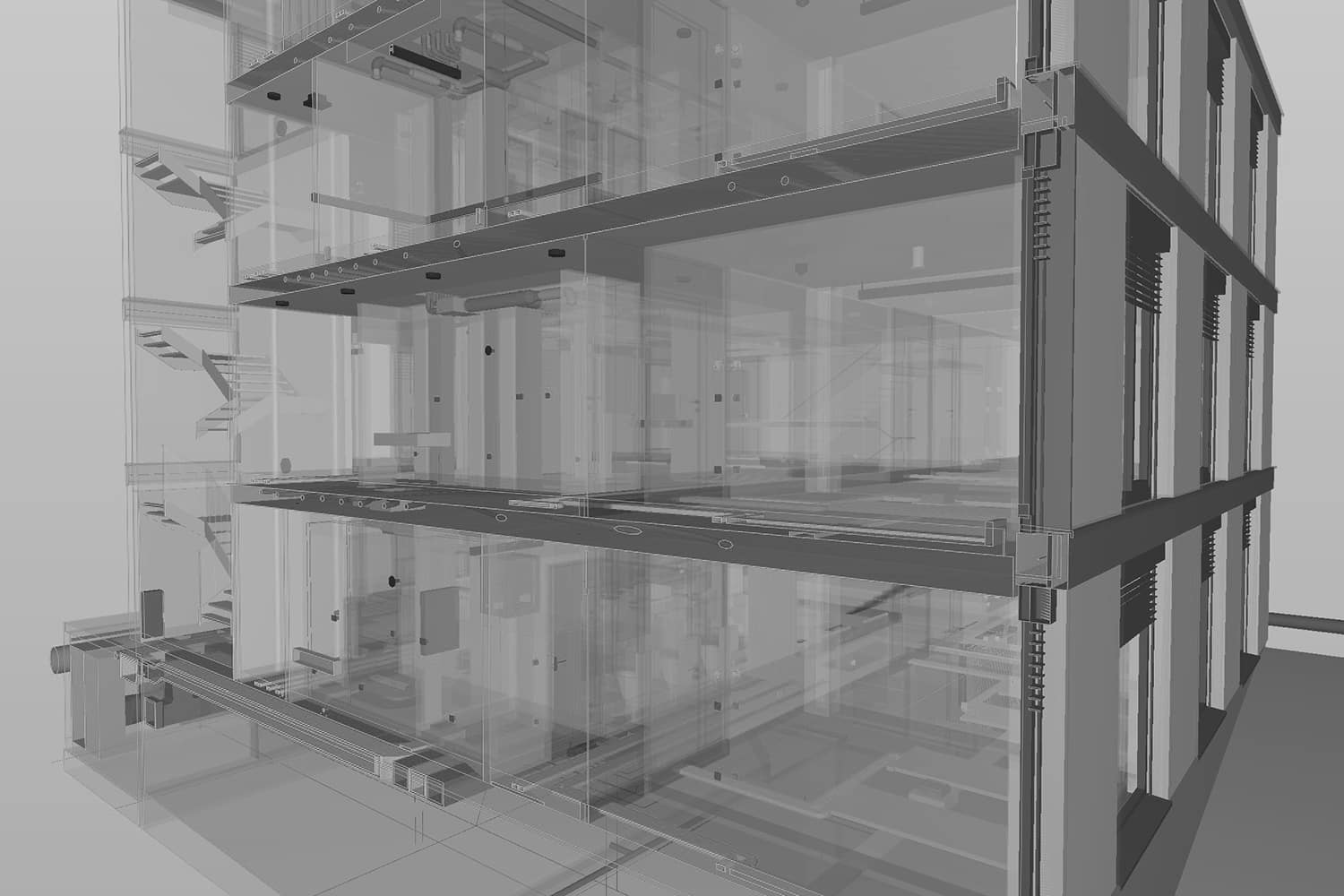 Eine digitale 3D-Darstellung einer transparenten Gebäudestruktur, die mehrere Stockwerke, Treppen, Wände und Strukturelemente in einem Graustufen-Architekturmodell zeigt.