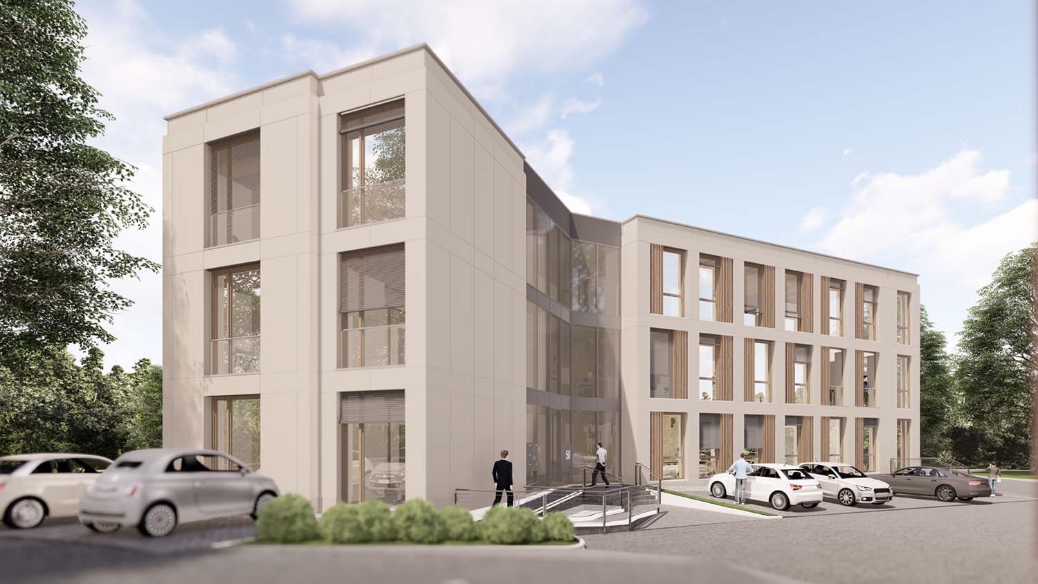 Ein modernes dreistöckiges Bürogebäude mit großen Fenstern und einer hellen Fassade, umgeben von parkenden Autos und Grünflächen. Menschen gehen unter einem leicht bewölkten Himmel in der Nähe des Eingangs spazieren.