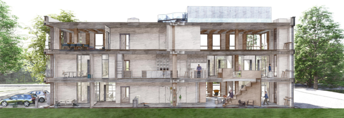 Architektonischer Querschnitt eines modernen dreistöckigen Gebäudes mit sichtbaren Innenräumen, Möbeln und Treppenhäusern; Menschen sind innen und außen dargestellt, wobei nachhaltiges Bauen mit Bäumen und Autos im Hintergrund betont wird.