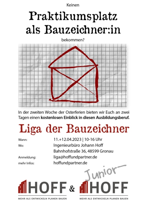 Flyer mit kostenlosen Einblicken in den Beruf des Bauzeichners in der zweiten Osterferienwoche. Enthält eine rot umrandete Hausskizze, Details zur Ausbildung bei HOFF Junior-Hoff, Veranstalterinformationen und Hoff & Hoff-Logos am unteren Rand.