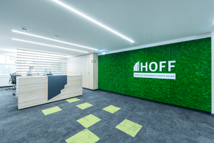 Moderner Büroempfangsbereich mit Holzschreibtisch, geometrischen Teppichakzenten und einer grünen Wand mit dem Schriftzug „HOFF“ und einem darunterliegenden Slogan. Der Raum ist hell und minimalistisch, modern gestaltet.