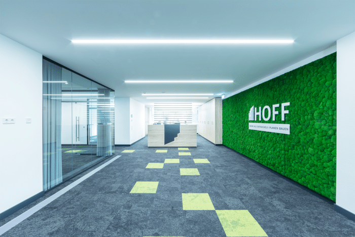 Moderne Bürolobby mit grauem Teppich mit gelbgrünen Quadratmustern, einer grünen Mooswand mit dem HOFF-Schild, Glastüren auf der linken Seite und einem Empfangstresen aus hellem Holz im Hintergrund.